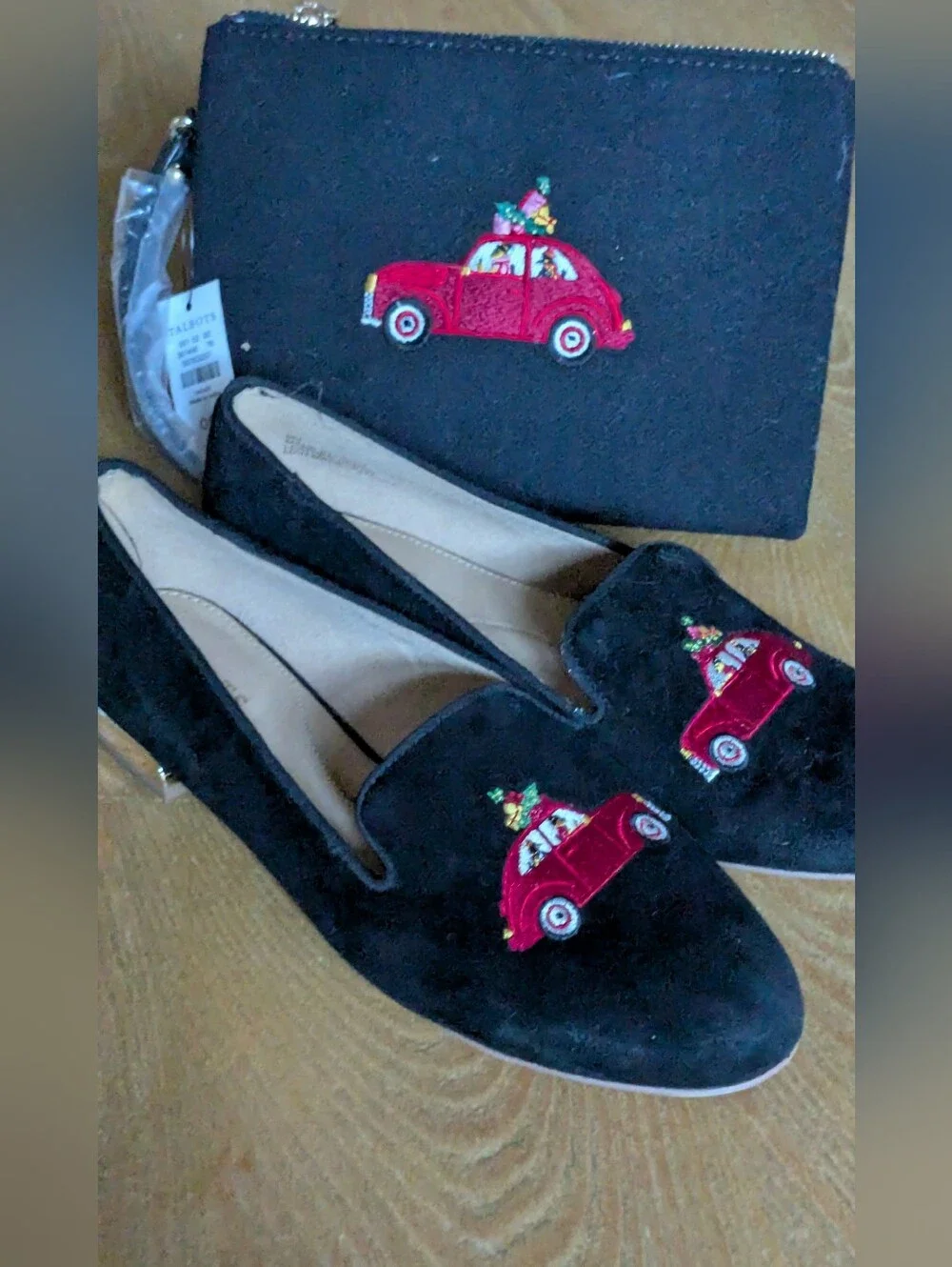 Talbots Black Suede Loafers And Clutch with Festive Holliday Red Car Embroidery